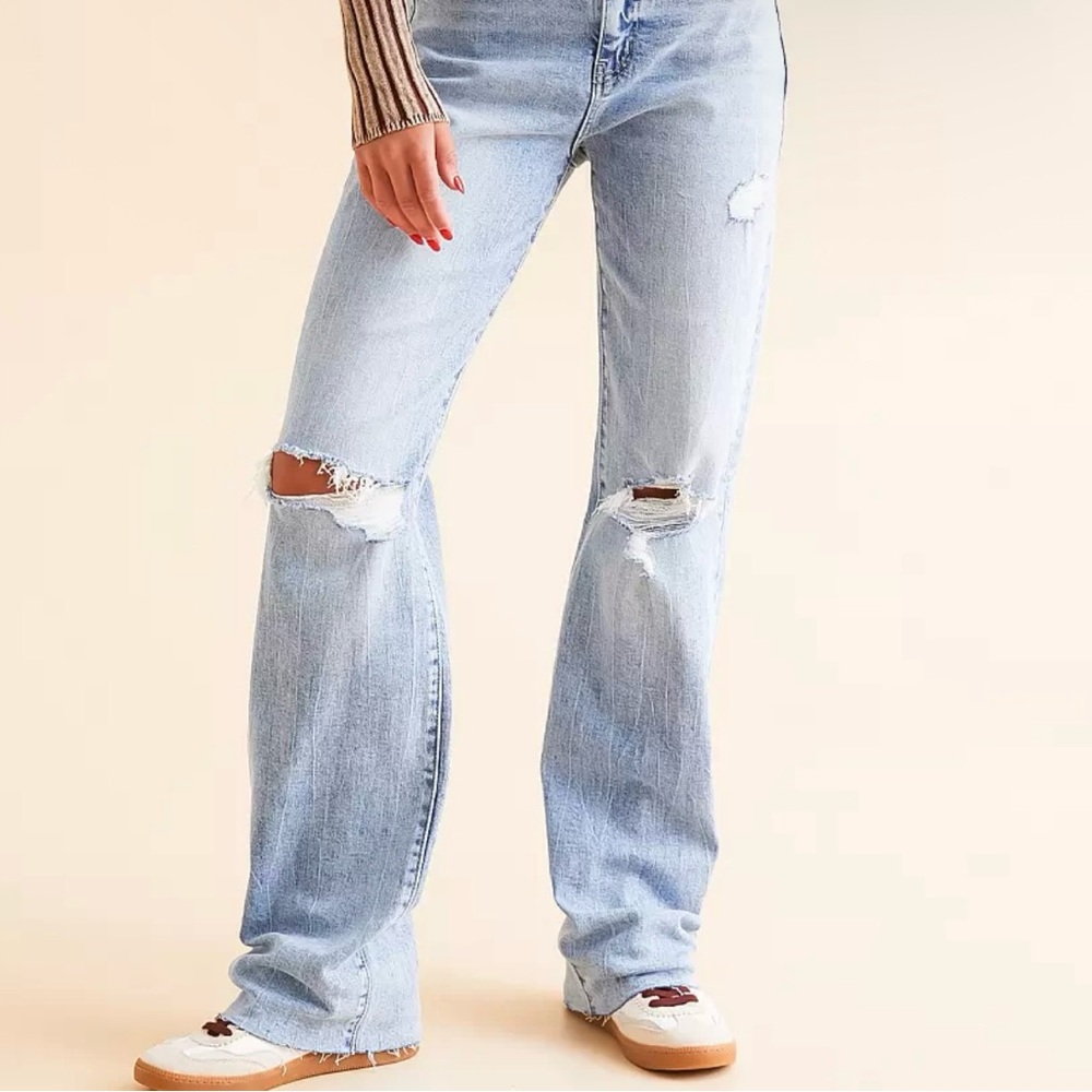 Blue Flare Wide Leg Jeans with Distressed Details